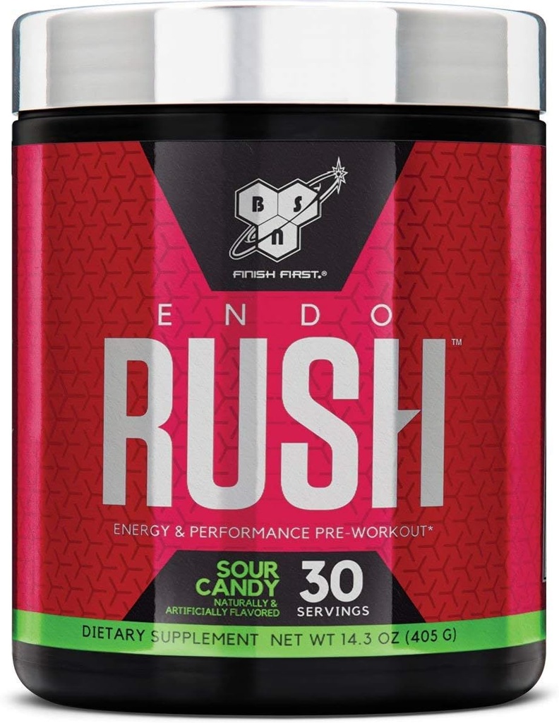 BSN Endorush poudre pré-entraînement, supplément énergétique pour les hommes et les femmes, 300mg de caféine, avec Beta-Alanine et Créatine, Sour Candy, 30 portions , 14,3 Ounce (paquet de 1)