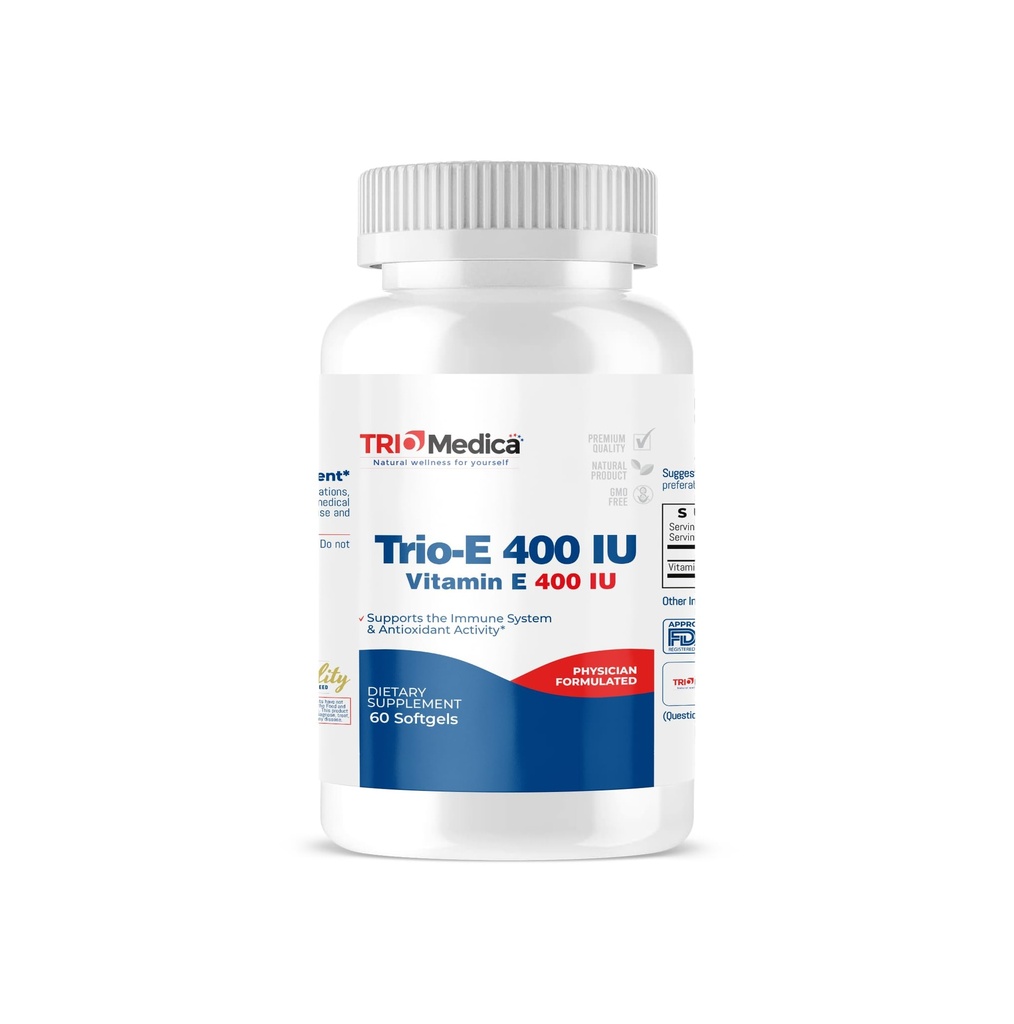 Trio-E 400 UI Vitamine E (400 UI) dl-Alpha, complément alimentaire pour la santé antioxydante et système immunitaire, 60 Softgels