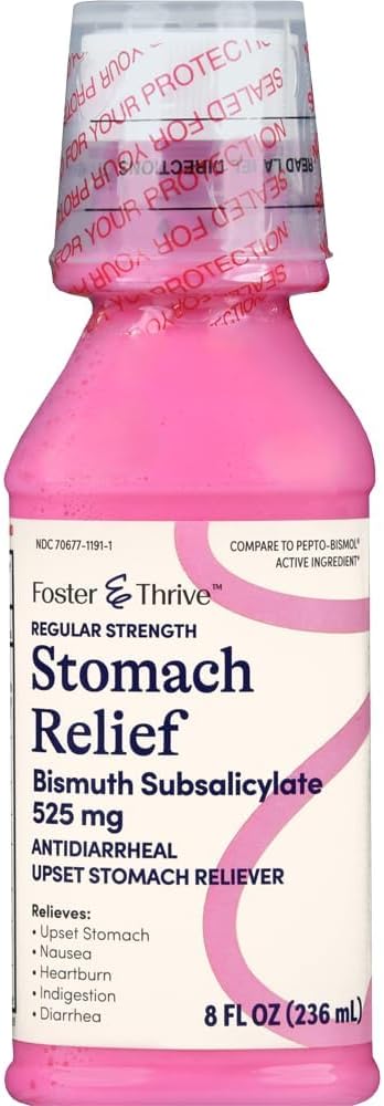 Foster & Thrive Stomach Relief Liquid for Nausea, Heartburn, Indigestion, Upset Stomach, and Diarrhea - Fast Relief for 5 Symptômes, Antidiarrhée, Bismuth Subsalicylate 525 mg, Original, 8 Oz