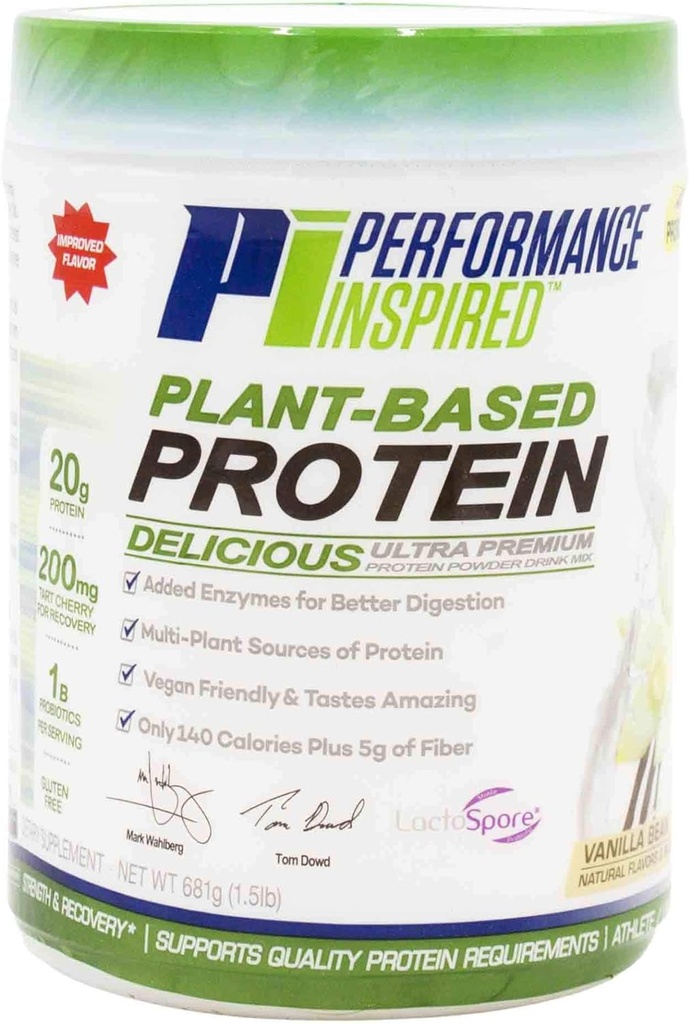 Performance Inspiré Nutrition en poudre de protéines végétales – Tous naturels – Protéines 20G – Probiotiques 1B – Enzymes digestifs – Fibres emballées – Sans gluten – Haricot Vanille – 1,5 lb