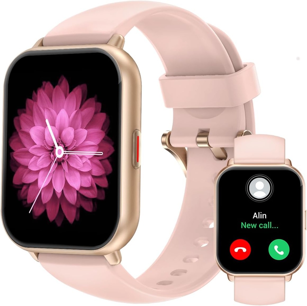 Montres intelligentes RUIMEN pour hommes Femmes (Réponse/Faites des appels, 2 bandes incluses), Smartwatch 1.8" pour téléphones iOS/Android, Fitness Tracker Heart Rate/Sleep Monitor Montre numérique Imperméable Rose