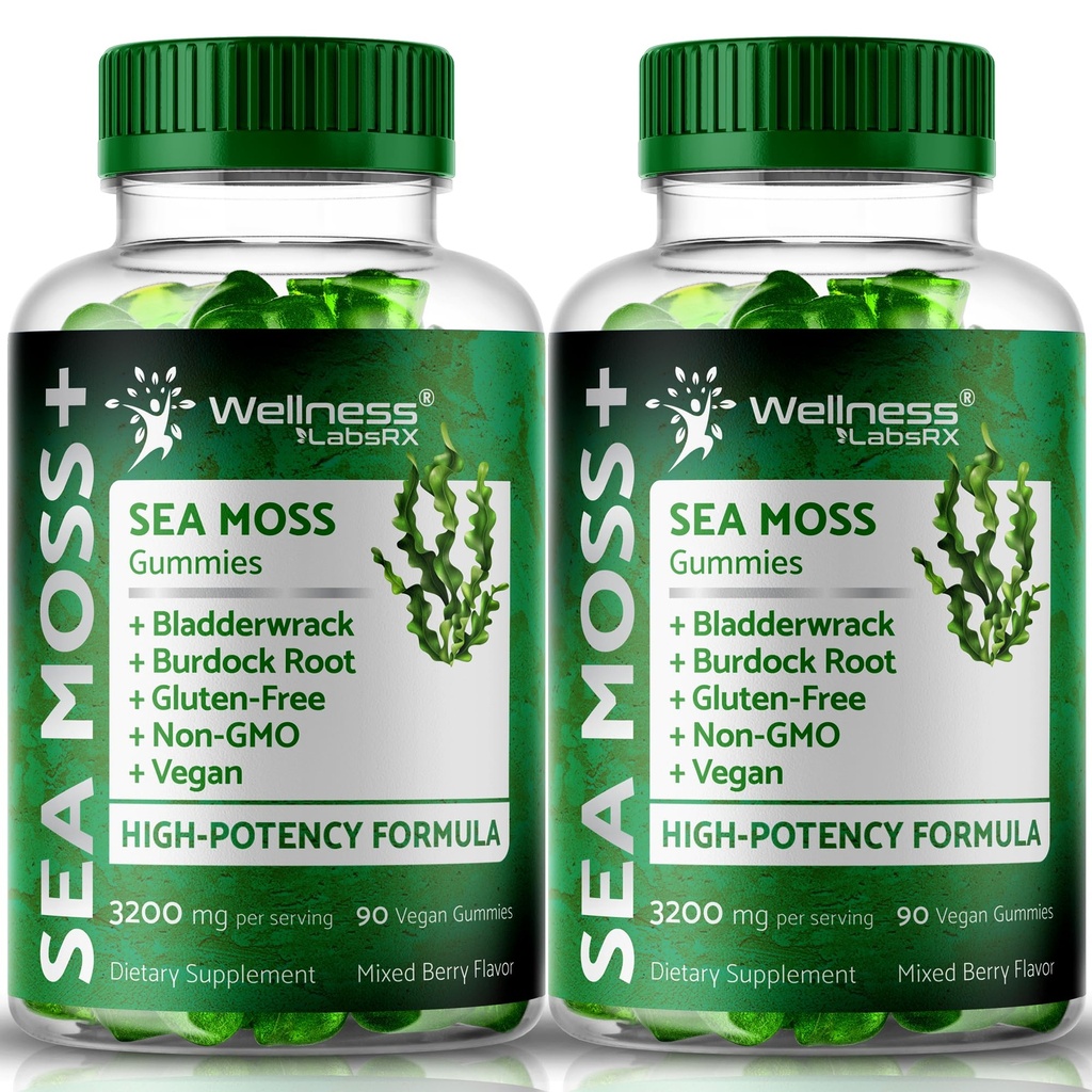 WELLNESS LABSRX Sea Moss Gummies, 3200mg Irish Sea Moss Mixted Berry Flavor avec la puissance maximale Bladderwrack et la racine de dock - supporte la peau, l'énergie et l'immunité - 180 Compte