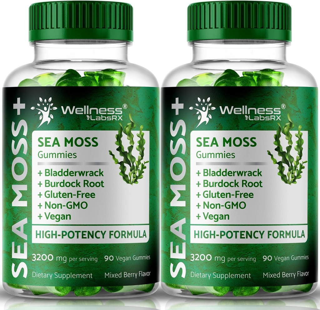 WELLNESS LABSRX Sea Moss Gummies, 3200mg Irish Sea Moss Mixted Berry Flavor avec la puissance maximale Bladderwrack et la racine de dock - supporte la peau, l'énergie et l'immunité - 180 Compte