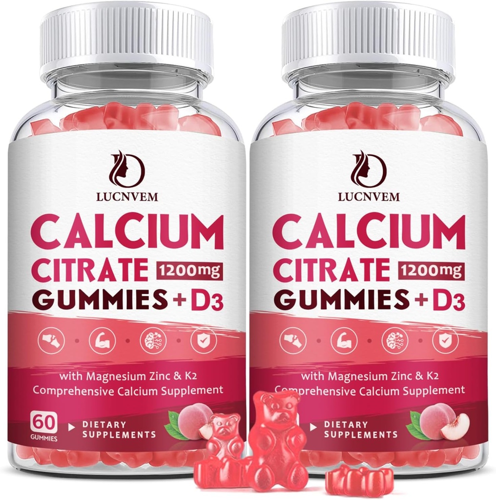 (2 Pack) Citrate de calcium 1200mg avec supplément de vitamine D3 Gommies pour les femmes et les hommes, Gommies de calcium avec vitamine D3 K2, haute absorption pour les muscles osseux santé- Pêche Flavor- 60 jours