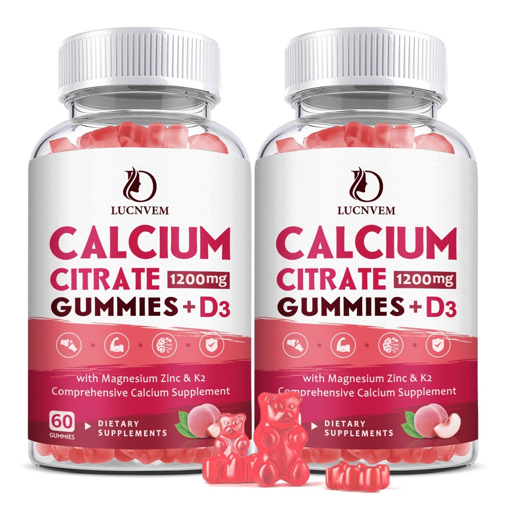 (2 Pack) Citrate de calcium 1200mg avec supplément de vitamine D3 Gommies pour les femmes et les hommes, Gommies de calcium avec vitamine D3 K2, haute absorption pour les muscles osseux santé- Pêche Flavor- 60 jours