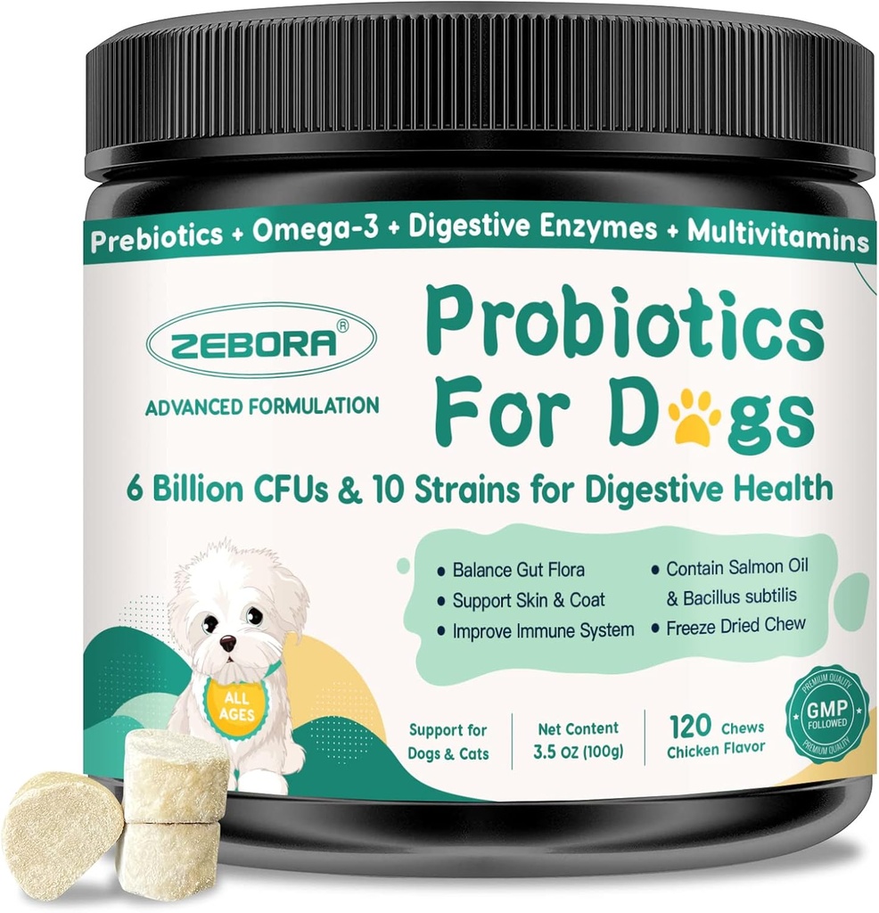 Probiotiques pour chiens Santé digestive, probiotiques pour chiens et enzymes digestives, prébiotiques, oméga-3 et 6 et vitamine pour chiens, 6 milliards d'UFC pour Gut Health et Immune Support, 120 Chews