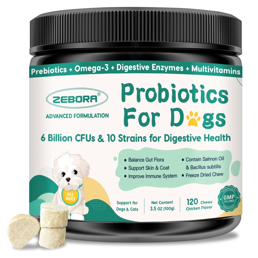 Probiotiques pour chiens Santé digestive, probiotiques pour chiens et enzymes digestives, prébiotiques, oméga-3 et 6 et vitamine pour chiens, 6 milliards d'UFC pour Gut Health et Immune Support, 120 Chews