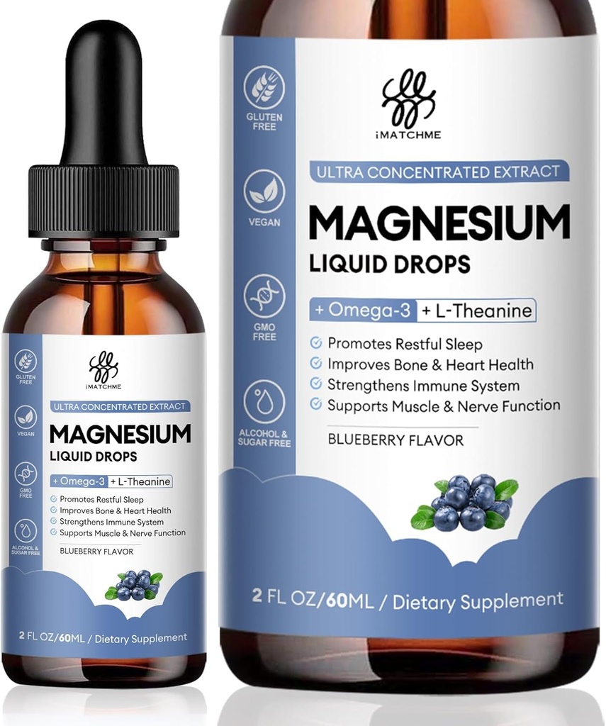 Magnésium Glycinat liquide, supplément complexe de magnésium avec Omega3, L-Theanine et vitamine pour le calme, le soutien du sommeil, le soulagement musculaire, non OGM, Blueberry Flavor, 2 Fl Oz