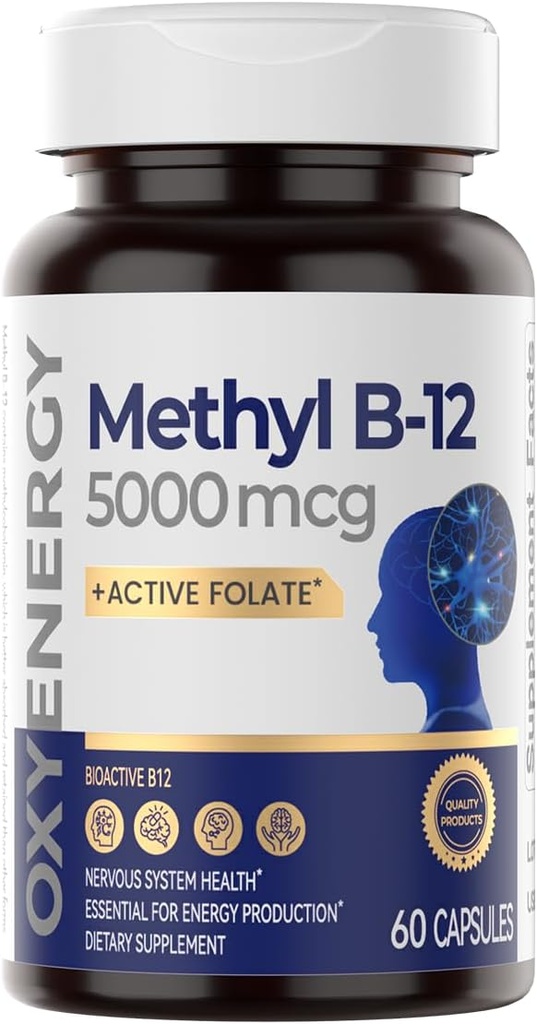 OxyEnergy Methyl Vitamin B12 5000mcg, Extra Strength Methylcobalamin B-12 Supplements with Folate, Support Nerves, Energy Metabolism & Cognitive,60 Capsules