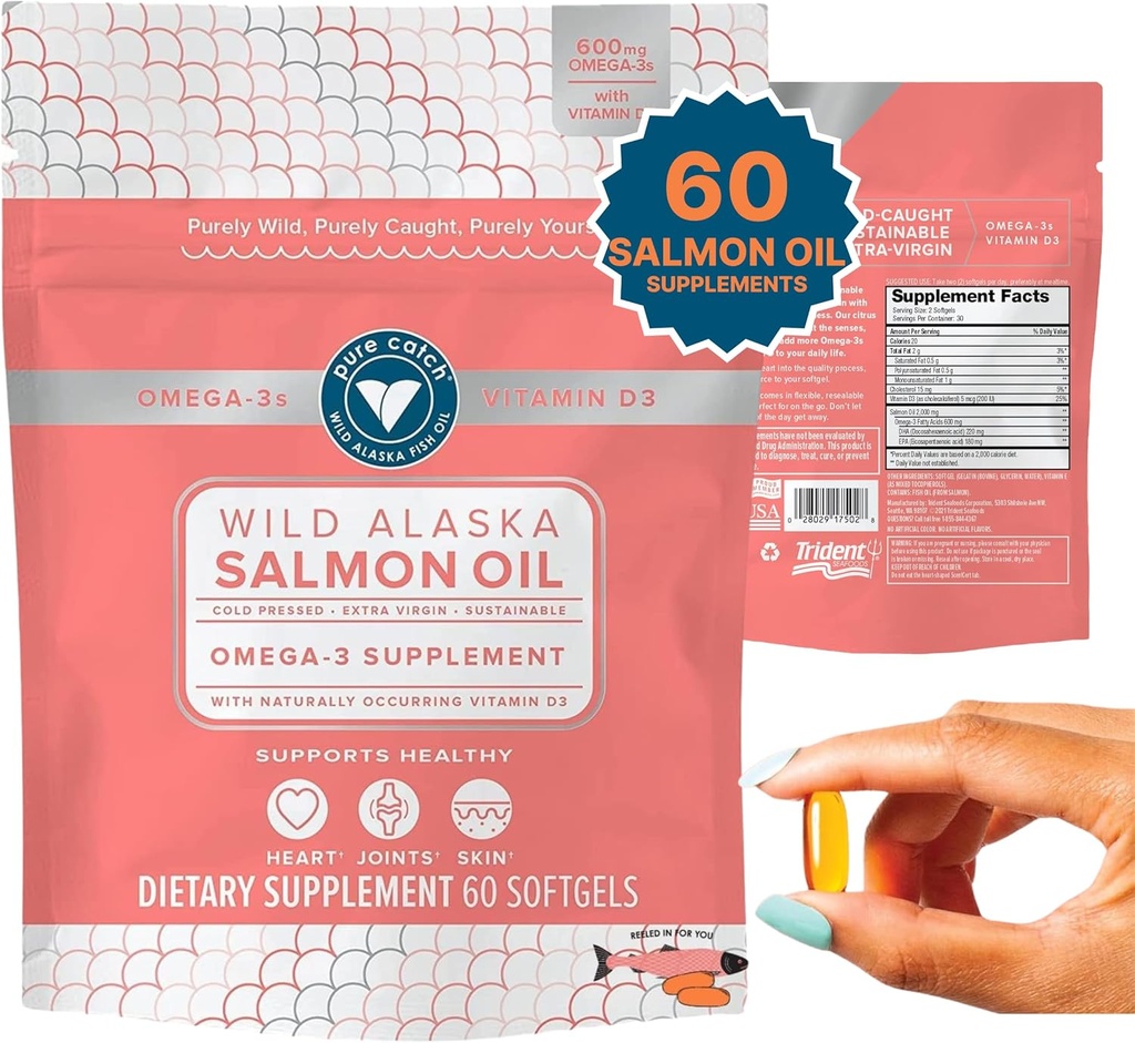 Trident Seafoods Pure Catch Wild Alaskan Fish Oil for Women + Vitamine D3 - Omega-3 Salmon Fish Oil Supplément - EPA et DHA - 60 Citrus quotidien Gel doux - Soutien articulaire, peau et santé cardiaque