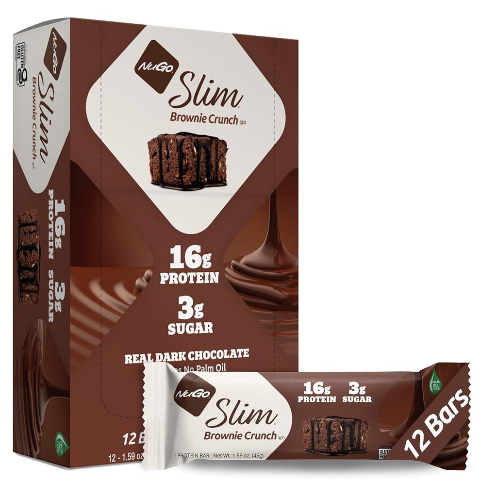 NuGo Slim Chocolat foncé Crunch Brownie, 16g Barre protéinée, Sans gluten, Non-OGM, Kosher, Keto Friendly, Faible Carb, 12 Compte