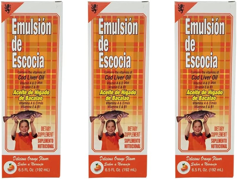 Emulsion de Escocia. Cod Liver Oil Dietary Supplement. Rich in Vitamins A, D, E and B1. Orange Flavored. 6.5 Fl.Oz / 192 mL. Pack of 3