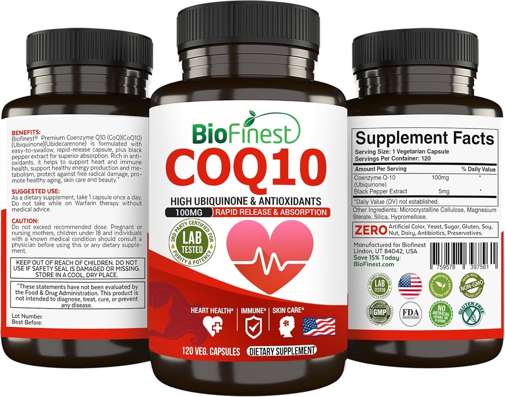 BioFinest CoQ10 Coenzyme Q10 Supplément 100mg - Absorption rapide à libération rapide - Immune Heart Energy Antioxydant (120caps)