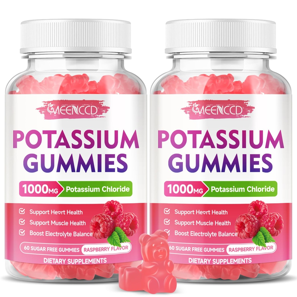 2 Pack Gommies de potassium, Chlorure de potassium 1000mg pour les adultes, Supplément de potassium sans sucre Gommies de soutien Électrolyte Balance & Crampes de jambes pour les femmes et les hommes, Raspberry Flavor, 120 Comte