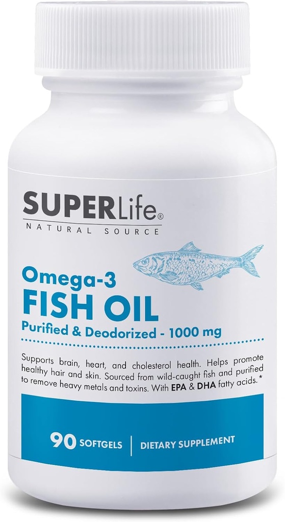 Huile de poisson oméga-3 - 1000 mg purifié et désodorisé à partir de poissons capturés sauvages avec des acides gras de l'EPA et du DHA.