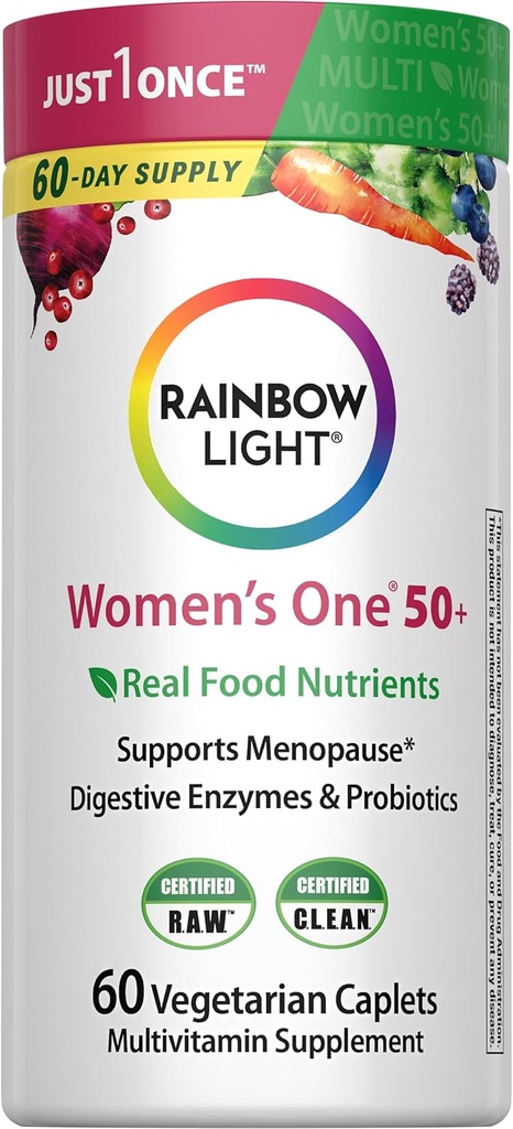 Multivitamine de lumière arc-en-ciel pour les femmes 50+, vitamine C, D & zinc, probiotiques, femmes One 50+ Multivitamine fournit un soutien immunitaire à haut pouvoir, non-OGM, végétarien, 60 comprimés