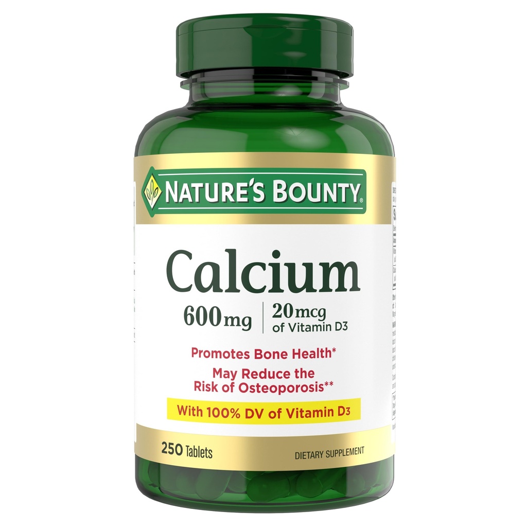 Nature's Bounty Calcium Carbonate & Vitamine D, soutient la santé immunitaire et osseuse, 600mg Calcium & 800IU Vitamine D3, 250 comprimés