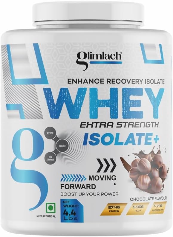 GLIMLACH Whey Extra Strength Isolate + Poudre de protéines pour le soutien et la récupération musculaires, Végétarien - source primaire Whey Isolate (4.4LBS, chocolat)