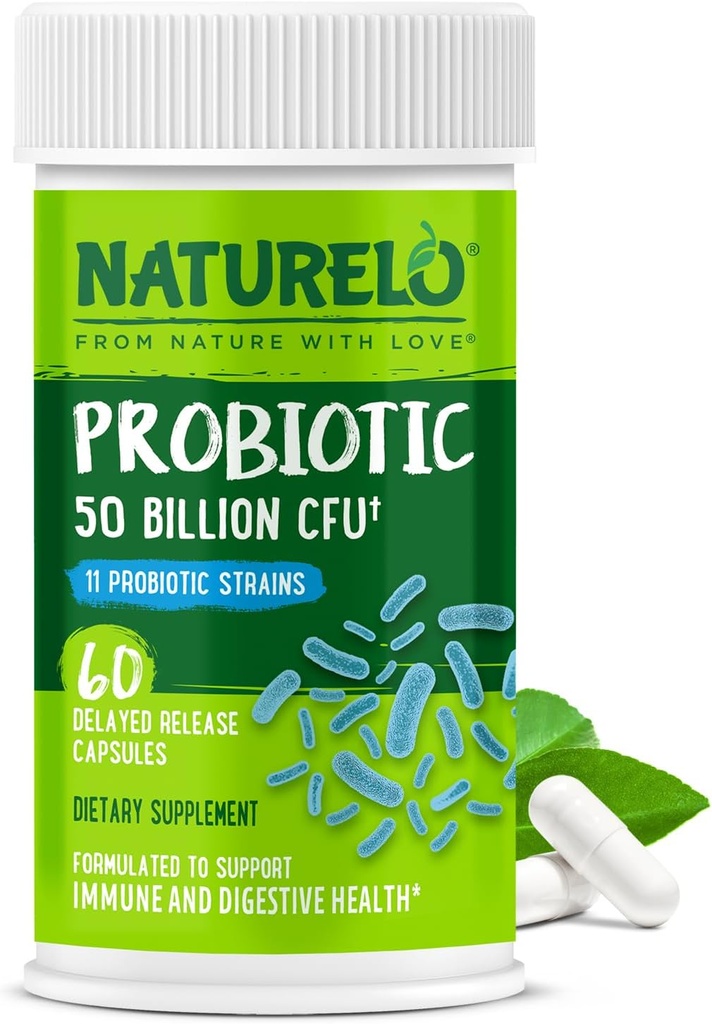 NATURELO Probiotiques pour la santé digestive - 50 milliards CFU, 11 souches Supplément quotidien - Boosts système immunitaire, libération retardée, 60 capsules végétariennes