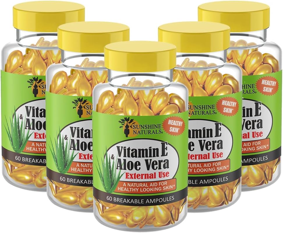 Sunshine Naturals Vitamine E et Aloe Vera Hydratant. Formule hydratante pour peau sèche, soulagement apaisant, nourissement et élasticité cutanée. Favorise une peau douce et saine. 60 Viales. Boîte de 5