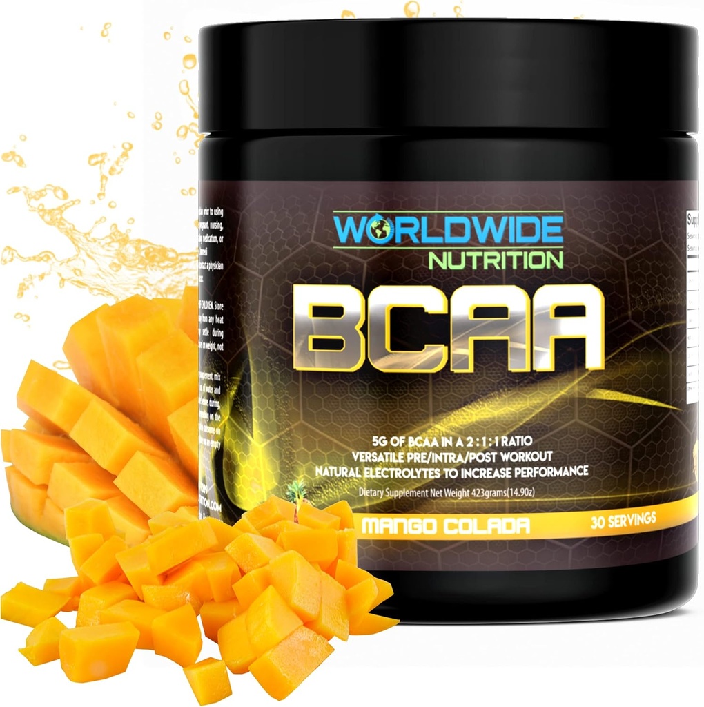 Worldwide Nutrition BCAA Poudre - Acides aminés à chaîne ramifiée - Supplément d'entraînement avant intra pour hommes et femmes - Poudre d'électrolytes naturels pour BCAA Énergie - Mango Colada - 30 portions