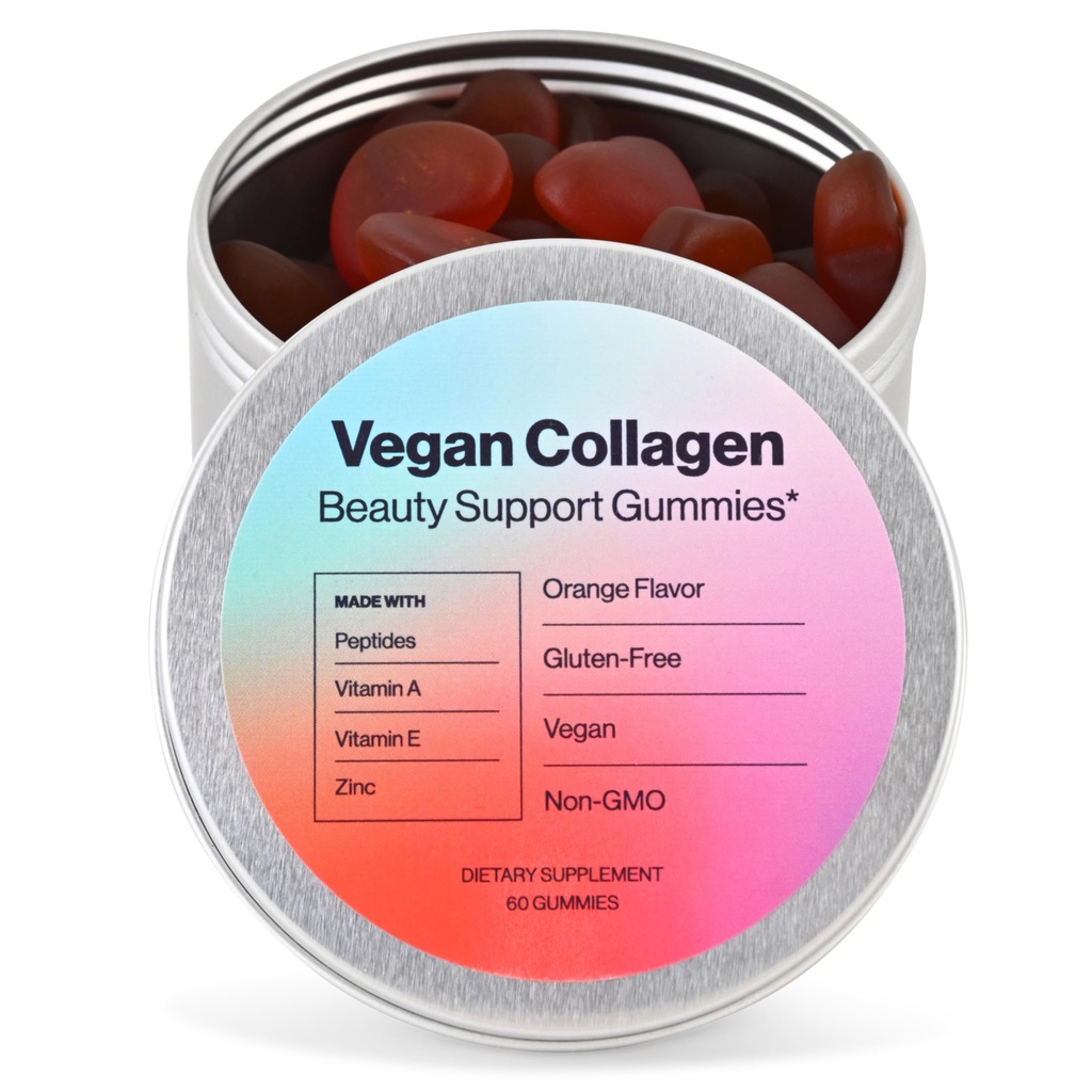 Vegan Beauty Support Gummies Collagen Booster avec biotine, vitamine C, A, E, acide folique et plus - 60 Gummies - Sans plastique - Fabriqué avec des ingrédients naturels