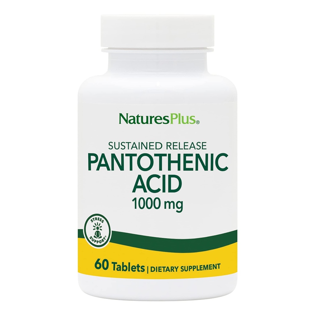 NaturesPlus Acide pantothénique, libération prolongée - 1000 mg, 60 comprimés - Supplément de vitamine B5 à haute capacité - Végétarien, sans gluten - 60 portions