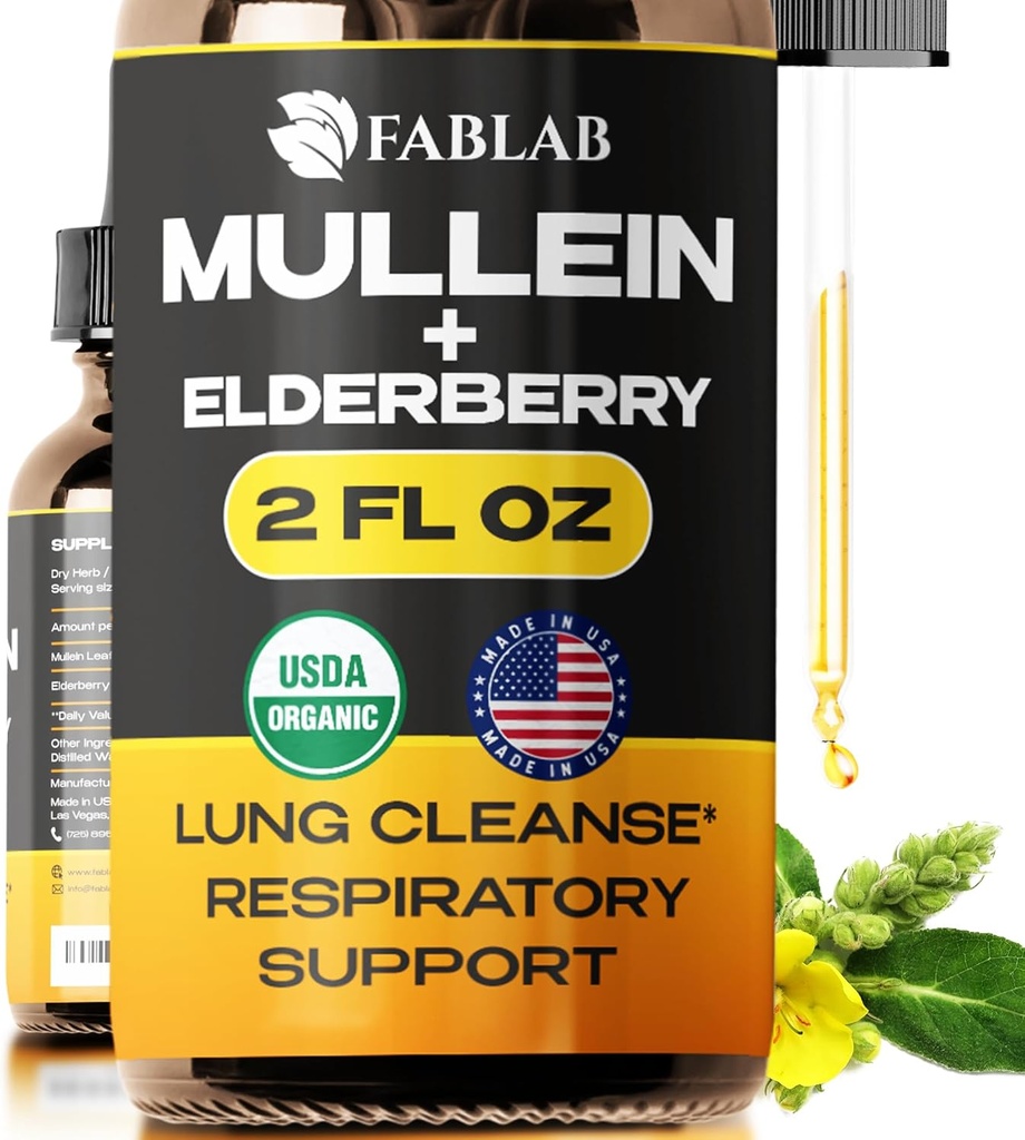 FabLab Mullein Leaf Extract with Elderberry 2 Fl Oz - Fabriqué aux États-Unis - Gouttes pour mieux boire - Teinture de Mullein pour désintoxication pulmonaire - Bronchial Cleanse pour les fumeurs - Supplément à base de plantes respiratoires