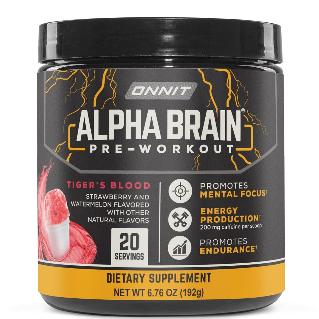 ONNIT Alpha Cerveau poudre pré-entraînement, IGENTM non-OGM testé, Tiger's Blood Flavor, Supplément pré-entraînement pour les femmes et les hommes, Supplément diététique, 20 portions par tub, 6,76 oz