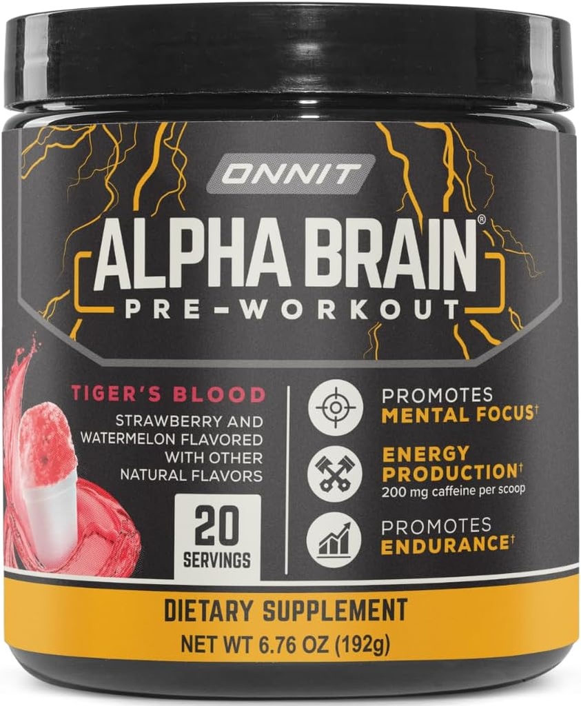 ONNIT Alpha Cerveau poudre pré-entraînement, IGENTM non-OGM testé, Tiger's Blood Flavor, Supplément pré-entraînement pour les femmes et les hommes, Supplément diététique, 20 portions par tub, 6,76 oz