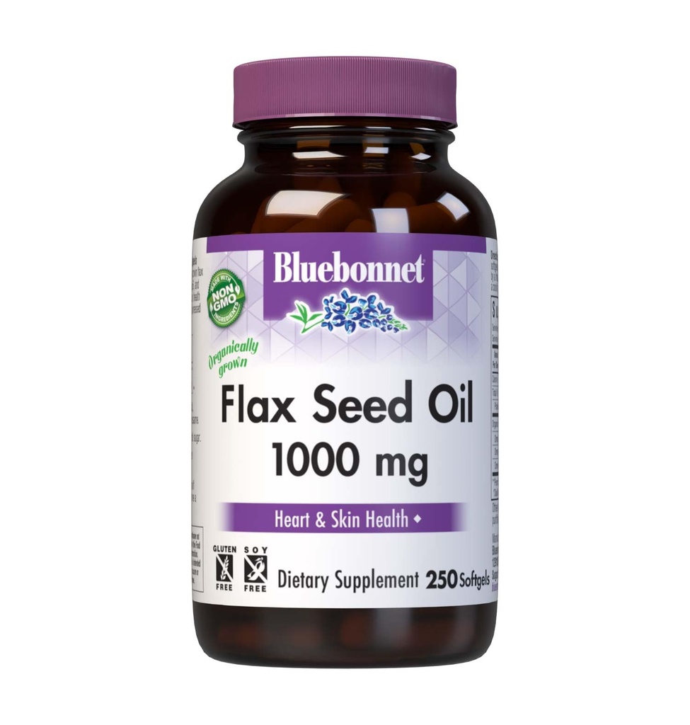 BlueBonnet Huile de graines de lin 1000 mg - Omega 3 6 9 Acides gras Santé cardiaque et soutien de la peau pour les femmes et les hommes - Capsules d'huile de lin biologique pressées à froid - Non-OGM, sans gluten, sans soja - 250 Softgels