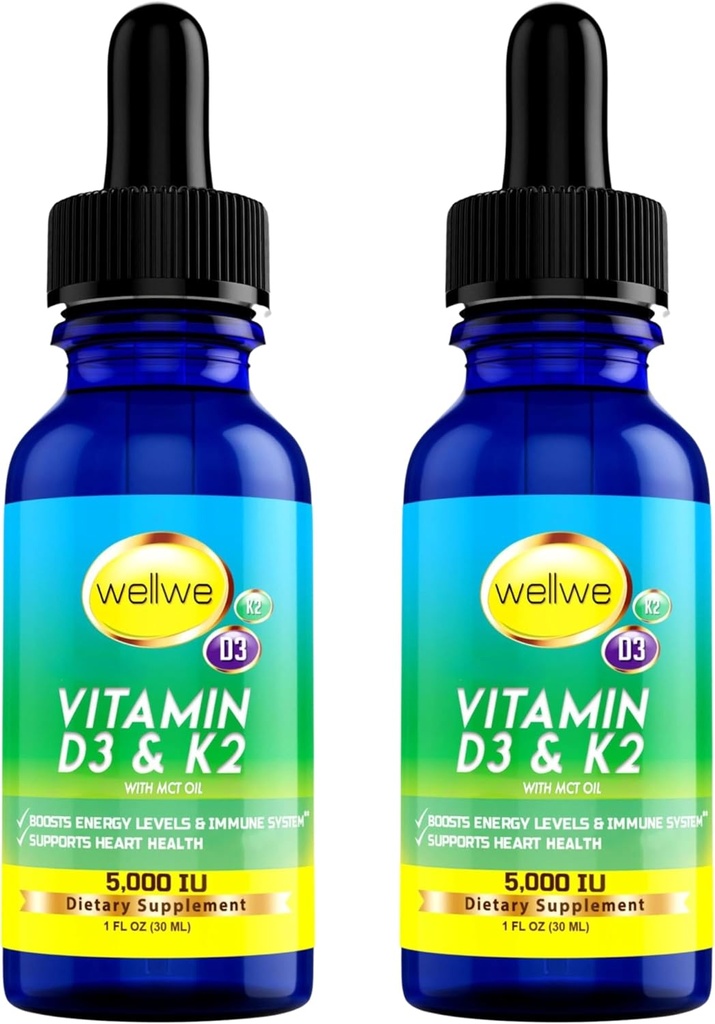 2 bouteilles Vitamine liquide D3 K2 gouttes 5000 UI avec l'huile MCT - Vitamine liquide végane D supplément pour augmenter les niveaux d'énergie, système d'humeur et d'immunité, non aromatisé, sans odeur, sans gluten, sans OGM, 2 Fl Oz