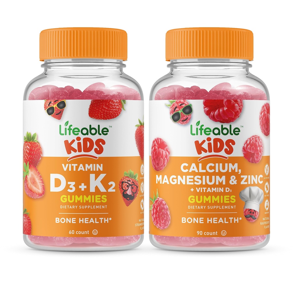 Lifeable Vitamin D3 + Vitamin K2 Kids + Calcium Magnesium & Zinc Kids, Gummies Bundle - Great Tasting, Vitamin Supplement, Gluten Free, GMO Free, Chewable Gummy