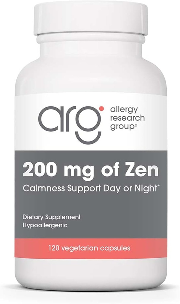 Groupe de recherche sur l'allergie 200 mg de Zen - supplément GABA L-Theanine, calmant naturel, sommeil et détente pour les femmes et les hommes, prendre jour ou nuit pour la relaxation et l'énergie calme - 120 capsules végétariennes