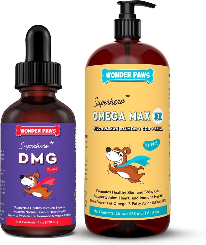 WONDER PAWS Premium DMG Liquid Plus Omega Max Huile de poisson - pour le support immunitaire du chien, la peau, les allergies, les soins articulaires et la santé globale – DMG 4 Onces - Omega Max 16 Onces