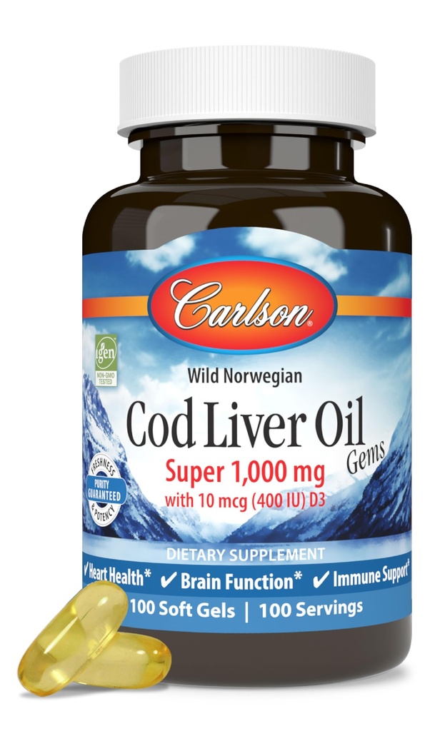 Carlson - Huile de foie de morue, Super 1000 mg + Vitamines A & D3, Norvégien sauvage, Source durable, 100 Softgels