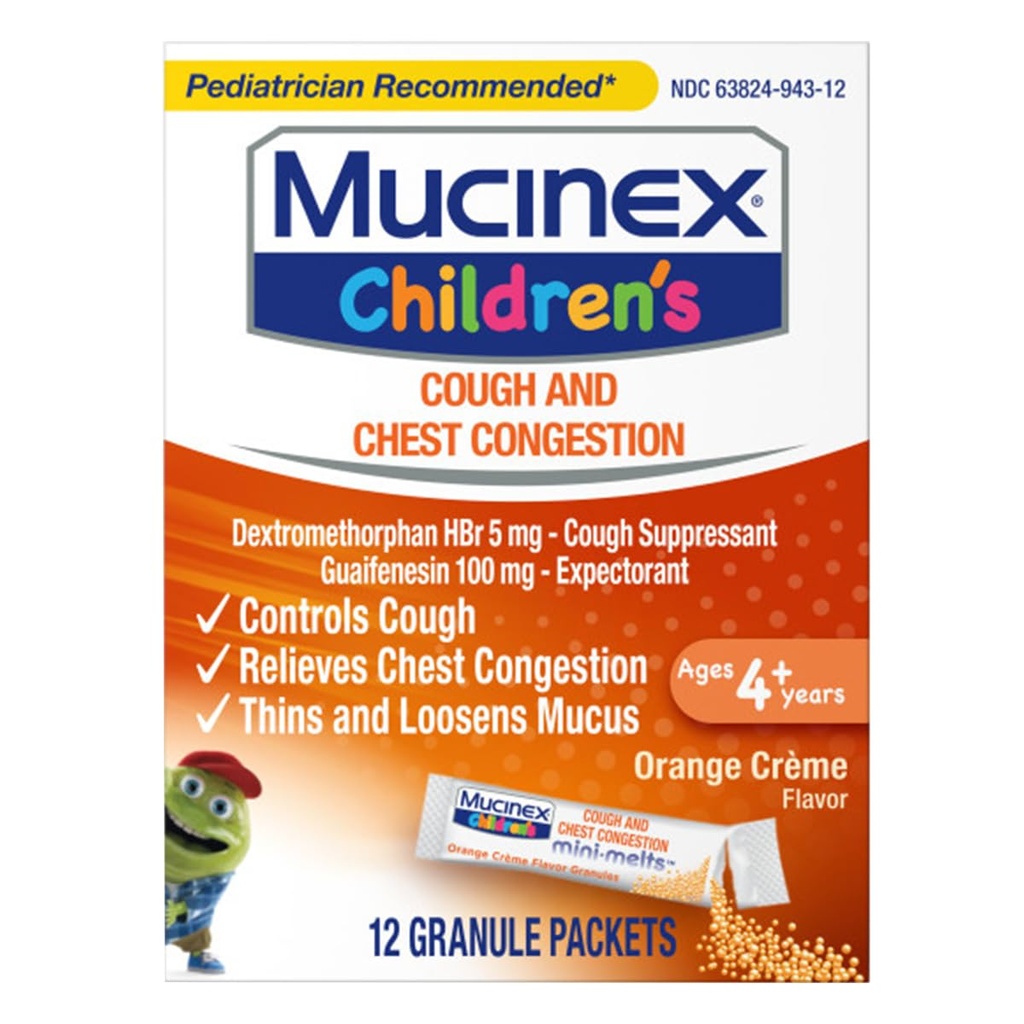 Mucinex Congestion de poitrine pour enfants Expectorant et Toux Suppresseur Mini-Melts, Crème Orange, 12 Compte (Emballage May Vary)