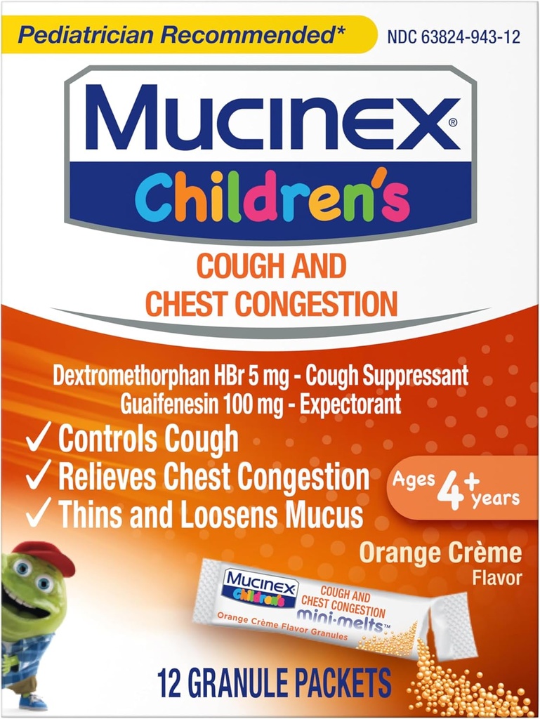 Mucinex Congestion de poitrine pour enfants Expectorant et Toux Suppresseur Mini-Melts, Crème Orange, 12 Compte (Emballage May Vary)