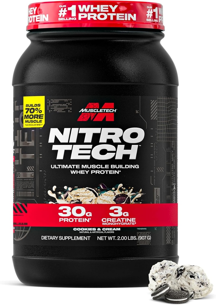 Muscletech Whey Protéine Poudre (Cookies et crème, 2,2 livres) - Nitro-Tech Ultimate Muscle Building Formula with Whey Protein Isolate - 30g de protéines, 3g de créatine et 6,8g de BCAA - Emballage Mai Vary