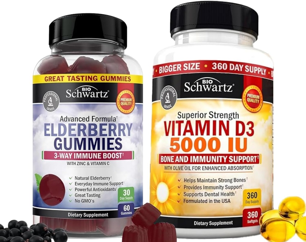 BioSchwartz Gommies de baies aînées avec zinc et vitamine C pour adultes Immune support (1 mois d'approvisionnement) Plus vitamine haute résistance D3 5000 UI 125 mcg (1 an d'approvisionnement)
