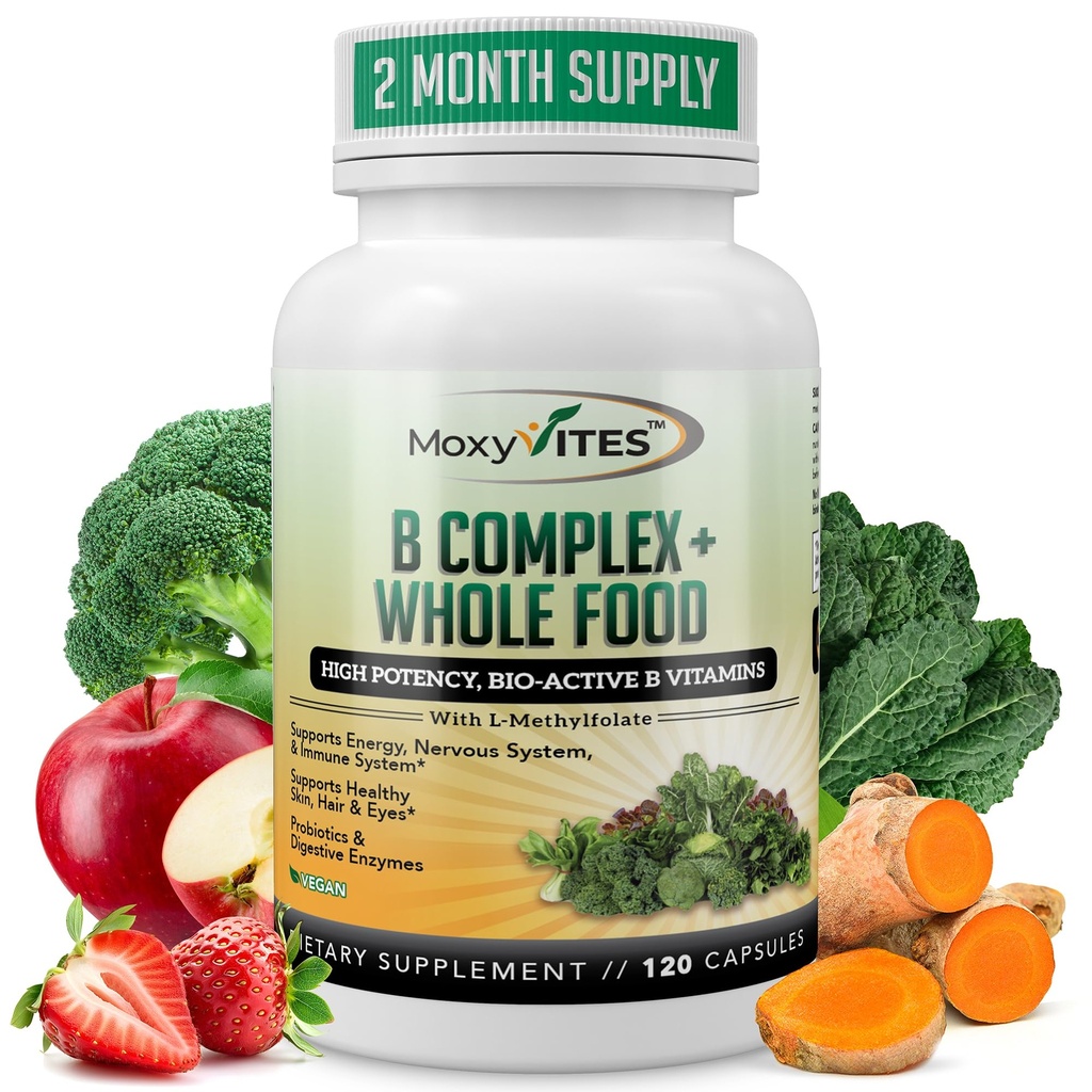 Complexe MoxyVites Vitamine B - B Vitamines Supplément alimentaire entier, B12 méthylcobalamine, B1, B2, B3, B5, B6, B7, B9 - pour le stress, l'énergie et le soutien immunitaire, végétalien, 120 capsules