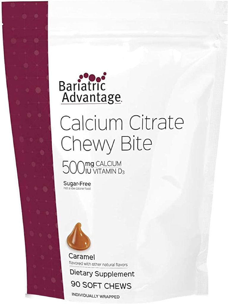 Avantage bariatrique Citrate de calcium Morceaux à croquer 500 mg - Très absorbants et digestibles - Vitamine D3 - Supplément de calcium facile à croquer - Arôme caramel - 90 Compte