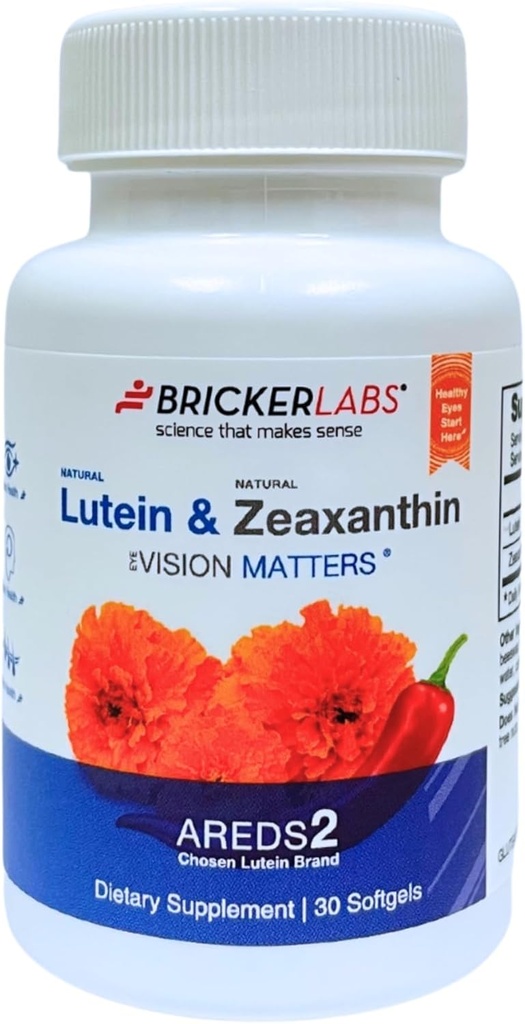 Bricker Labs Lutéine naturelle + supplément pour les yeux de Zeaxanthin – soutient la santé des yeux, du cerveau et de la peau avec des caroténoïdes maculaires, biodisponibilité supérieure, AREDS2 Chosen Lutein Source – 60 gels doux