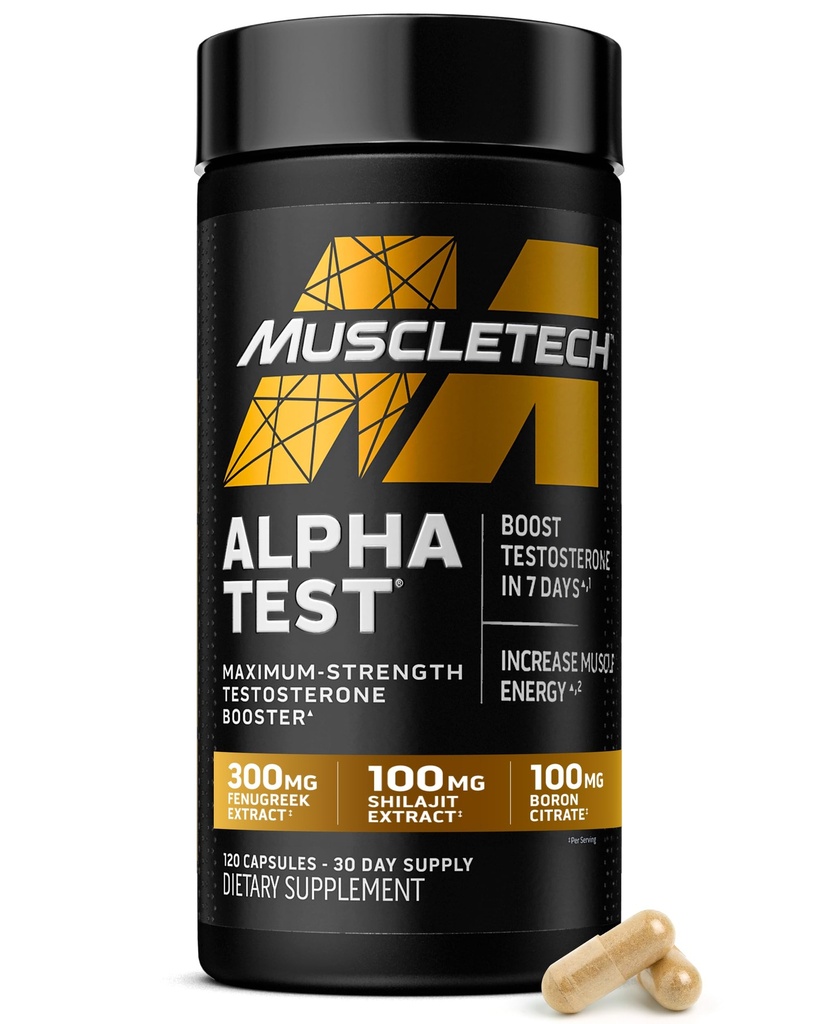 Booster de testostérone MuscleTech pour les hommes, AlphaTest - Supplément pour hommes T-Boost avec Tribulus Terrestris & Boron - Suppléments d'entraînement de gymnastique pour la croissance musculaire, l'endurance et l'énergie - 120 pilules