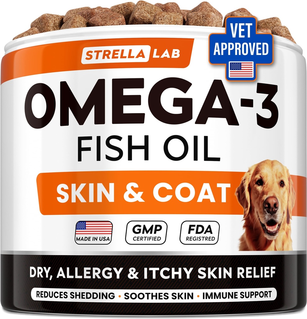 StrellaLab Omega 3 pour chiens - (180Ct) Soin à l'huile de poisson - Allergie & Démangeaison Skin & Coat Supplement - Démangeaisons sèches Peau, Anti Shedding & Hot Spots Traitement - Huile de saumon d'animaux de compagnie Chews - Arôme de poulet