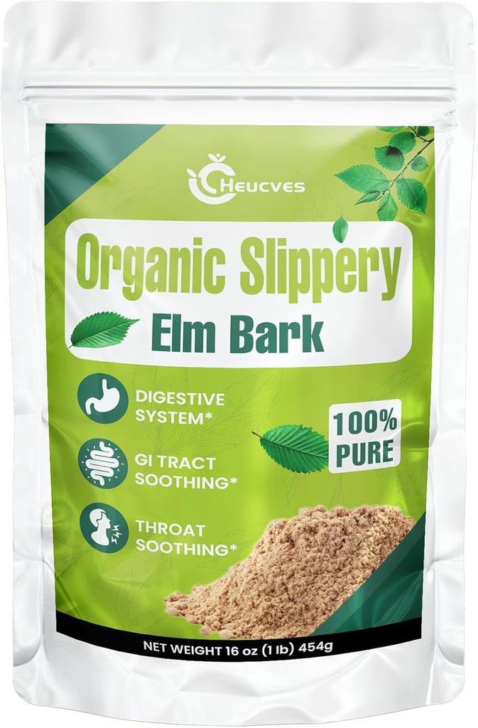 Elm slippery, poudre d'Elm slippery biologique, écorce d'Elm faite à partir de l'écorce intérieure - 1 livre (349 portions), herbes naturelles aide à apaiser la gorge et la toux et la digestion, la diarrhée - 100% pur et végétalien
