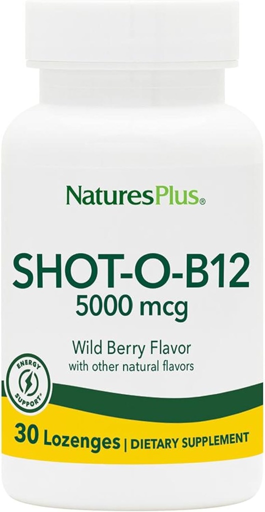 NaturesPlus Shot-O-B12-30 Lozenges, Saveur de baie sauvage - 5000 mcg - Vegan, Sans gluten - 30 portions