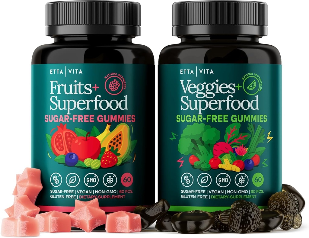 Debloat et désintoxication quotidienne Fruits et légumes sans sucre Gummies - Soutien énergétique avec supplément de fruits et légumes super-alimentaires (120 Chews) Sans cruauté, végétalien, sans gluten, vitamine de fruits et légumes
