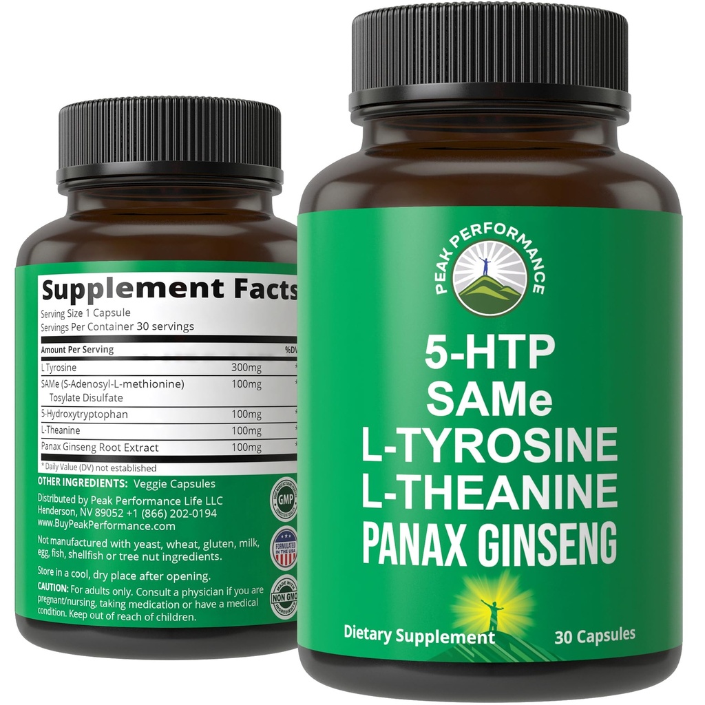 Supplément de soutien d'humeur de performance avec 5 ingrédients principaux : 5HTP, SAM e, L Tyrosine, L Theanine et Panax Ginseng. Calme, Focus, Suppléments détente. Végétaux