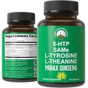 Supplément de soutien d'humeur de performance avec 5 ingrédients principaux : 5HTP, SAM e, L Tyrosine, L Theanine et Panax Ginseng. Calme, Focus, Suppléments détente. Végétaux